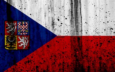 Czech Republic flag, 4k, grunge, flag of Czech Republic, Europe, Czech Republic, national symbolism, Czech, coat of arms of Czech Republic, Czech coat of arms