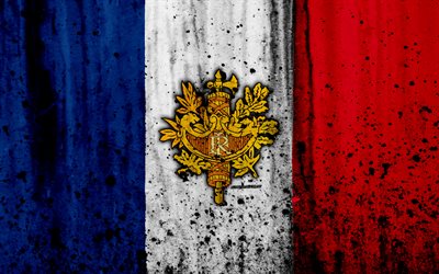 French flag, 4к, grunge, flag of France, Europe, national symbols, France, coat of arms of France, French coat of arms