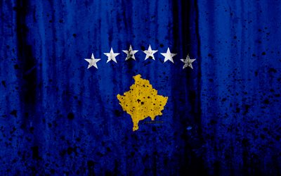 Kosovos flagga, 4k, grunge, flaggan i Kosovo, Europa, Kosovo, nationell symbolik, vapensk&#246;ld och Kosovo, Kosovo vapen
