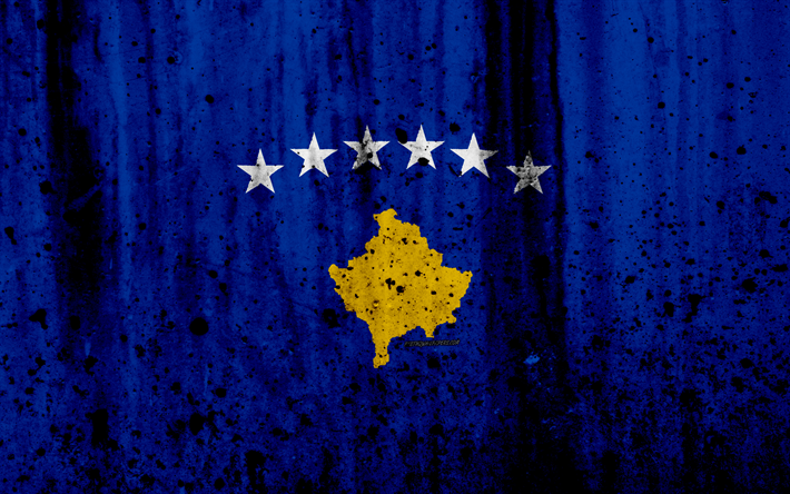 Le Kosovo drapeau, 4k, grunge, le drapeau du Kosovo, l&#39;Europe, le Kosovo, le symbolisme national, armoiries du Kosovo, Kosovo blason
