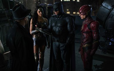 La Justice Leagu, en 2017, la ville de gotham, flash, Batman, Wonder Woman, bruce wayne, gal gadot, diana prince, Ben Affleck