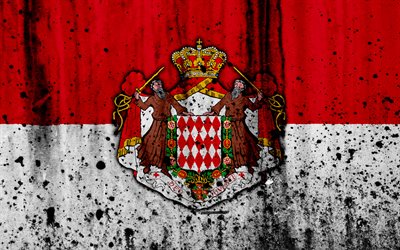 Monacon lippu, 4k, grunge, Euroopassa, Monaco, kansallinen symboliikka, vaakuna Monacon, Monacon vaakuna