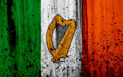 Drapeau irlandais, 4k, grunge, le drapeau de l&#39;Irlande, de l&#39;Europe, les symboles nationaux, l&#39;Irlande, le blason de l&#39;Irlande, les Irlandais, les armoiries de l&#39;