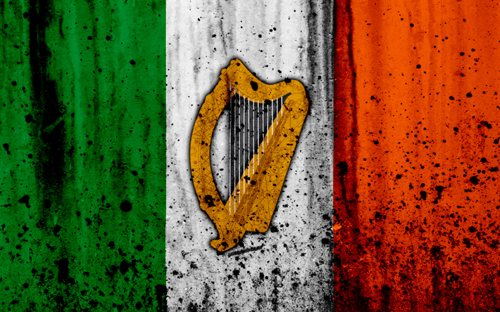 Bandeira irlandesa, 4k, grunge, bandeira da Irlanda, Europa, s&#237;mbolos nacionais, Irlanda, bras&#227;o de armas da Irlanda, Irland&#234;s bras&#227;o de armas