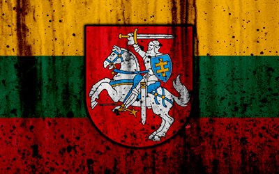 Lithuanian flag, 4k, grunge, flag of Lithuania, Europe, national symbols, Lithuania, coat of arms of Lithuania, Lithuanian coat of arms