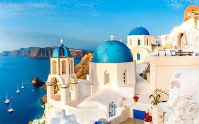 Oia, Santorini, Kreikka, kirkko, sininen kupolit, romanttisia paikkoja, saari, Egeanmeren