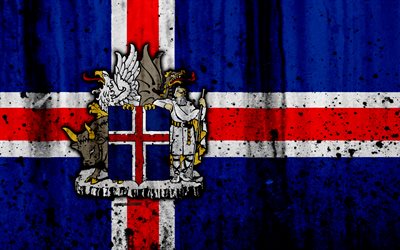 Bandeira Icelandic, 4k, grunge, bandeira da Isl&#226;ndia, Europa, Isl&#226;ndia, nacional simbolismo, bras&#227;o de armas da Isl&#226;ndia, Island&#234;s bras&#227;o de armas