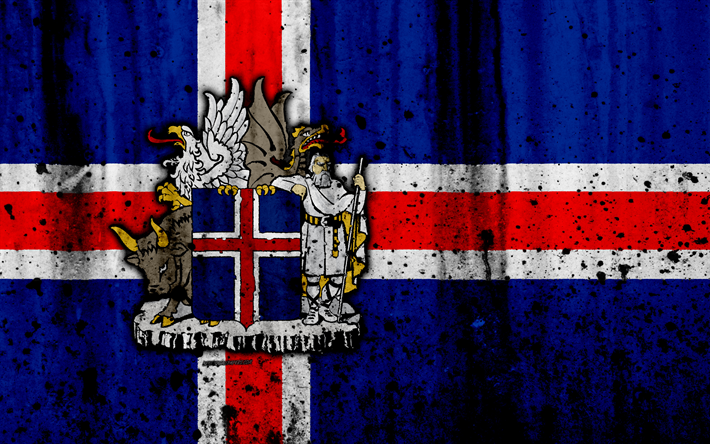 Islannin lippu, 4k, grunge, Euroopassa, Islanti, kansallinen symboliikka, vaakuna Islanti, Islannin vaakuna