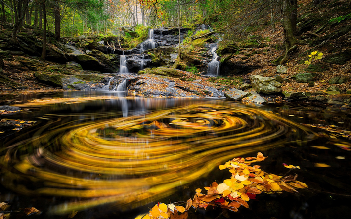 autunno, lago, blur, cascata, paesaggio, foresta, foglie gialle