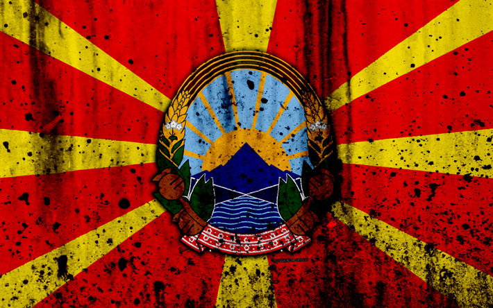 Makedonska flagga, 4k, grunge, flagga av Makedonien, Europa, nationella symboler, Makedonien, vapen av Makedonien, Makedonska vapen