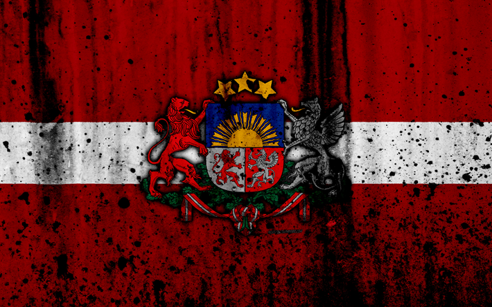 Lettiska flaggan, 4k, grunge, flaggan i Lettland, Europa, Lettland, nationell symbolik, vapen i Lettland, Lettiska vapen