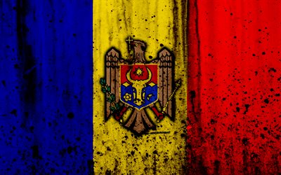 Moldovan flag, 4k, grunge, flag of Moldova, Europe, national symbols, Moldova, coat of arms of Moldova, Moldovan coat of arms