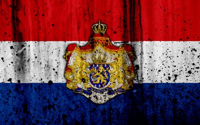 Netherlandish flag, 4k, grunge, flag of Netherlands, Europe, Netherlands, national symbolism, coat of arms of Netherlands, Netherlandish coat of arms
