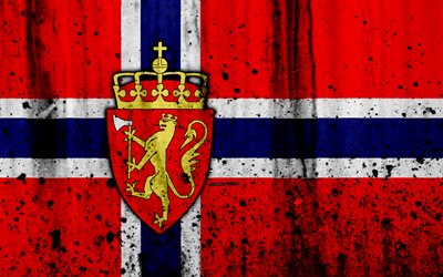 Bandeira norueguesa, 4k, grunge, bandeira da Noruega, Europa, s&#237;mbolos nacionais, Noruega, bras&#227;o de armas da Noruega, Noruegu&#234;s bras&#227;o de armas