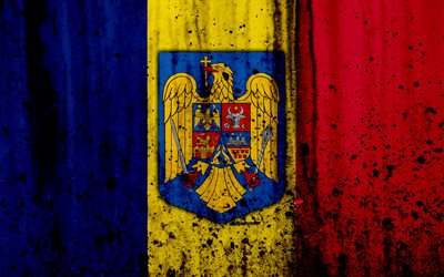 Romanian lippu, 4k, grunge, lippu Romania, Euroopassa, Romania, kansallinen symboliikka, vaakuna Romania, Romanian vaakuna