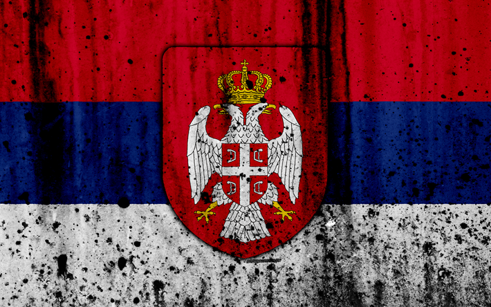 Serbisk flagga, 4k, grunge, flaggan i Serbien, Europa, Serbien, nationell symbolik, vapen i Serbien, Serbiska vapen