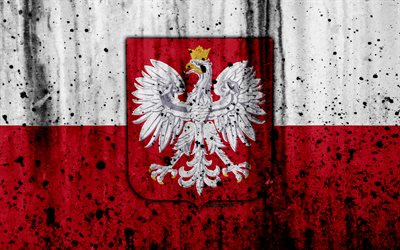 Polska flaggan, 4k, grunge, flagg, Europa, nationella symboler, Polen, vapen i Polen, Polska vapen