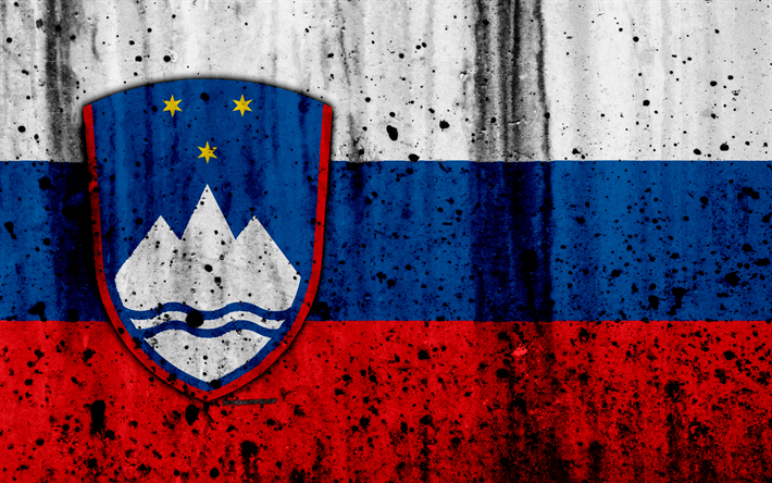 Slovenian lippu, 4k, grunge, lippu Slovenia, Euroopassa, Slovenia, kansallinen symboliikka, vaakuna Slovenia, Slovenian vaakuna