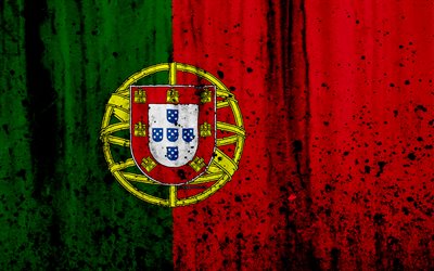 Portugisiska flaggan, 4k, grunge, flagg, Europa, nationella symboler, Portugal, vapen i Portugal, Portugisiska vapen