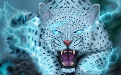Snow Leopard, 3D art, lightning, Uncia uncia, predators