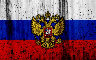 Russian flag, 4к, grunge, flag of Russia, Europe, national symbols, Russia, coat of arms of Russia, Russian coat of arms, Russian Federation