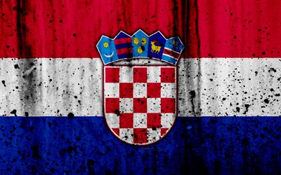 Kroatian lippu, 4k, grunge, lippu Kroatia, Euroopassa, Kroatia, kansallinen symboliikka, vaakuna Kroatia, Kroatian vaakuna