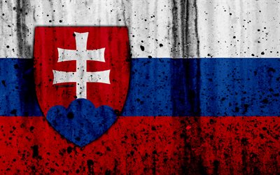 Slovakiens flagga, 4k, grunge, flagga Slovakien, Europa, nationella symboler, Slovakien, vapen Slovakien, Slovakiska Emblem