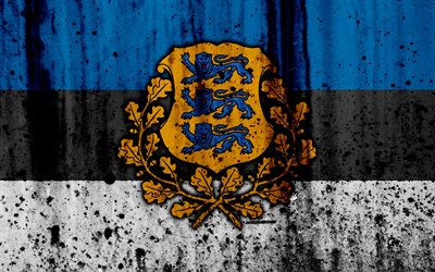 Estonia bandera, 4k, el grunge, la bandera de Estonia, Europa, estados unidos, Estonia, simbolog&#237;a nacional, el escudo de armas de Estonia, estonia escudo de armas