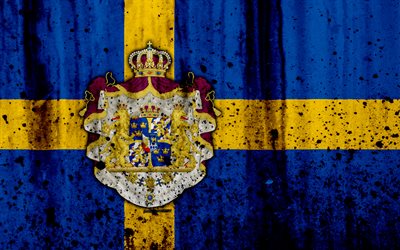 Swedish flag, 4k, grunge, flag of Sweden, Europe, national symbols, Sweden, coat of arms of Sweden, Swedish coat of arms