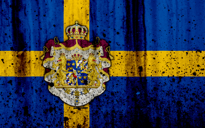 العلم السويدي, 4k, الجرونج, علم السويد, أوروبا, الرموز الوطنية, السويد, معطف من الأسلحة من السويد, السويدية معطف من الأسلحة