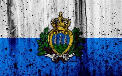 San Marino flagga, 4k, grunge, Europa, nationella symboler, San Marino, vapen San Marino
