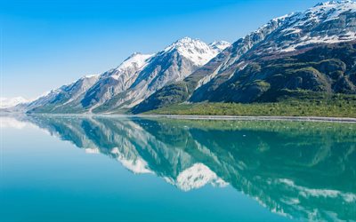 Alaska, 4k, blue lake, mountains, USA, America