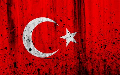 Turkisk flagga, 4k, grunge, flaggan i Turkiet, Europa, nationella symboler, Turkiet, vapen i Turkiet, Turkiska armar