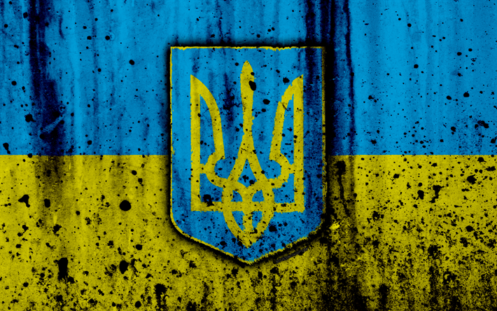 Bandeira ucraniana, 4k, grunge, bandeira da Ucr&#226;nia, Europa, s&#237;mbolos nacionais, Ucr&#226;nia, bras&#227;o de armas da Ucr&#226;nia, Ucraniano bras&#227;o de armas
