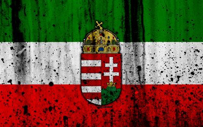 Hungarian flag, 4к, grunge, flag of Hungary, Europe, national symbols, Hungary, coat of arms of Hungary, Hungarian National Emblem