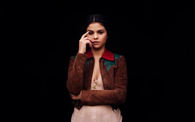 Selena Gomez, american singer, portrait, suede brown jacket, brunette, beautiful woman