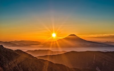4k, Fujiyama, Mount Fuji, bright sun, sunset, japanese landmarks, Asia, stratovolcano, Japan