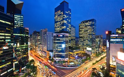 Seul, G&#252;ney Kore, gece, g&#246;kdelenler, şehir ışıkları, modern mimari, 4k, nightscape