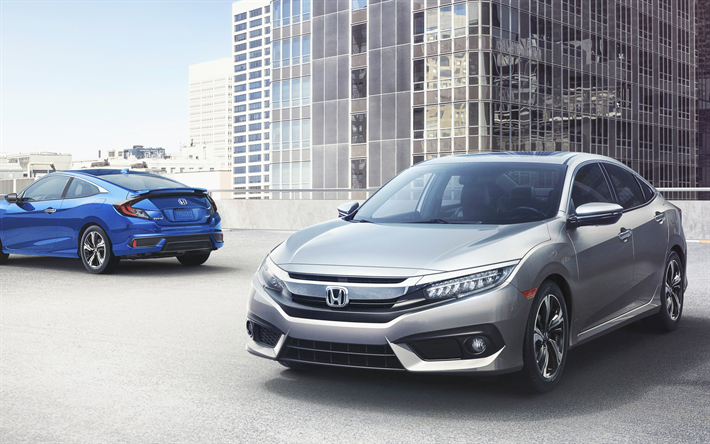 Honda Civic, 2018, 4k, ulkoa, harmaa sedan, uusi hopea Civic, sininen viistoper&#228;, Japanilaiset autot, Honda
