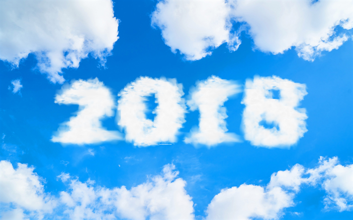 2018 New Year, 4k, clouds, blue sky, 2018 concepts, New Year, white clouds