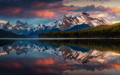 mountain lake, sunset, evening, red clouds, forest, Alberta, Canada, mountains