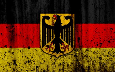 Alem&#227;o bandeira, 4k, grunge, bandeira da Alemanha, Europa, Alemanha, nacional simbolismo, bras&#227;o de armas da Alemanha, Alem&#227;o bras&#227;o de armas