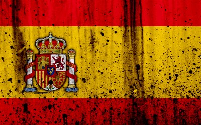 Spanish flag, 4k, grunge, flag of Spain, Europe, Spain, national symbolism, coat of arms of Spain, Spanish coat of arms