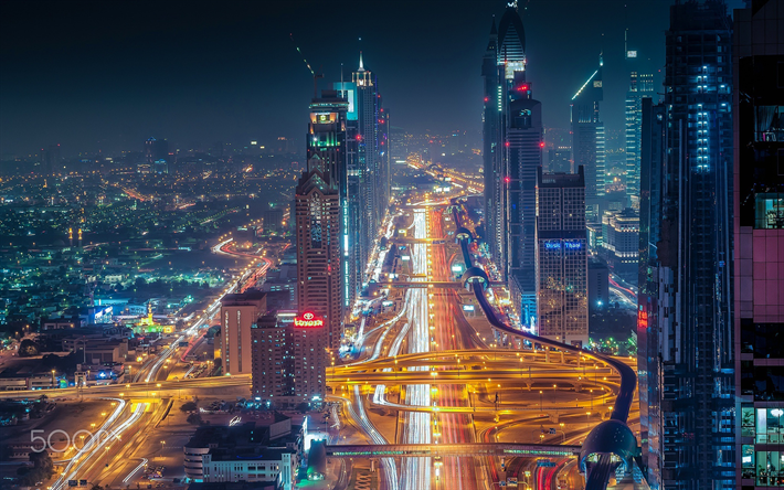 Dubai, paisajes nocturnos, los caminos, los EMIRATOS &#225;rabes unidos, sem&#225;foros, Emiratos &#193;rabes Unidos