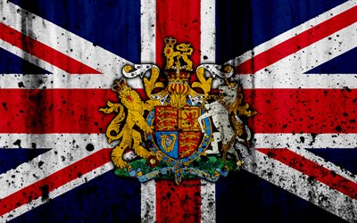 Brittiska flaggan, 4k, grunge, flagga storbritannien, Europa, F&#246;renade Kungariket, nationell symbolik, vapen i storbritannien, Brittiska vapen, flagga UK