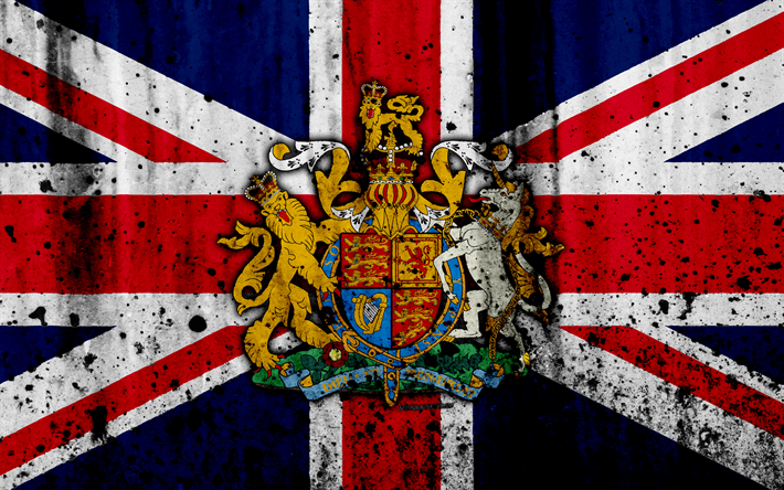 العلم البريطاني, 4k, الجرونج, علم المملكة المتحدة, أوروبا, المملكة المتحدة, وطنية رمزية, معطف من الأسلحة من المملكة المتحدة, البريطانية معطف من الأسلحة