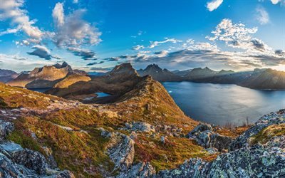 Senja Island, fjord, autumn, mountain landscape, Norway, sunset, evening