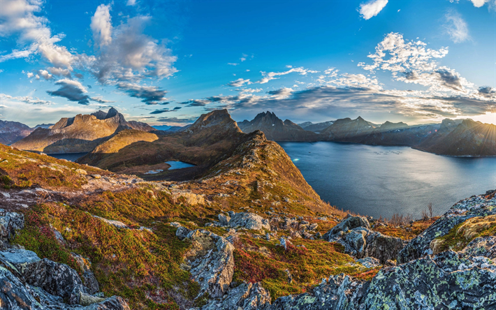 &#214;n Senja, fjord, h&#246;st, bergslandskapet, Norge, sunset, kv&#228;ll
