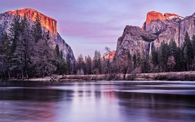 Rio Merced, outono, Vale De Yosemite, floresta, montanhas, O Parque Nacional De Yosemite, Sierra Nevada, EUA, América