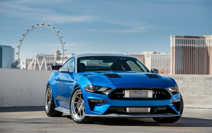Ford Mustang GT, 2018, blu sport coupe tuning Mustang, nuovo blu mustang, american auto sportive, Bojix Design, SEMA 2018, Ford